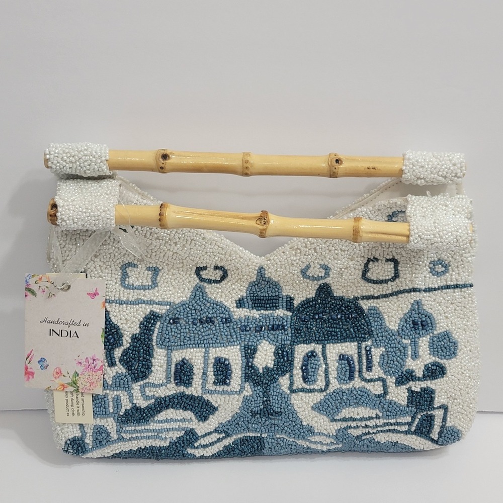 Viral Blue White Santorini Greece Beaded Bamboo Handle Bag Clutch Made India NWT - Picture 2 of 9